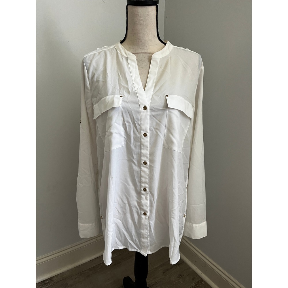 Calvin Klein White Button Up Blouse XL Long Sleeve Office Chic Minimalist Career